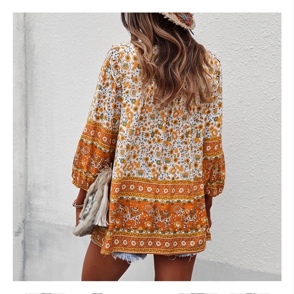 NWT Casual Boho V Neck Top Loose Floral Print Long Sleeve Beach Shirt El… - Picture 5 of 9